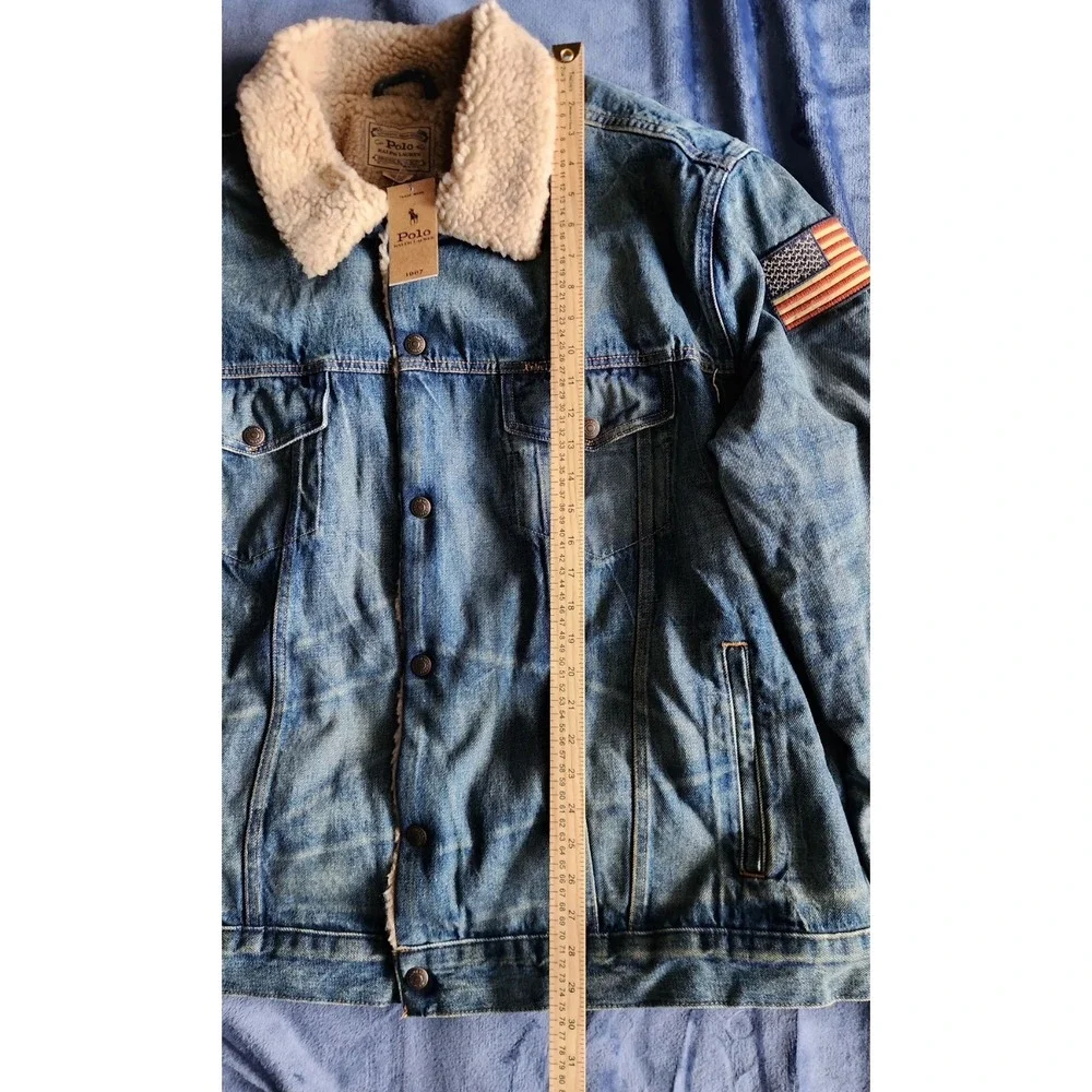 NWT Polo Ralph Lauren Men's Sherpa Fleece Lined Denim Trucker Jean Jacket w/Flag - Picture 10 of 14